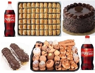 Büyük Kutlama Paketi 4 Çeşit Tatlı ve 2 Adet 1 Litre Kola Bir Arada pasta