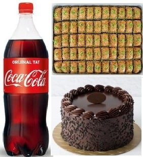 Şölen Menüsü Çikolatalı Pasta Fıstıklı Baklava ve Soğuk Cola Seti pasta